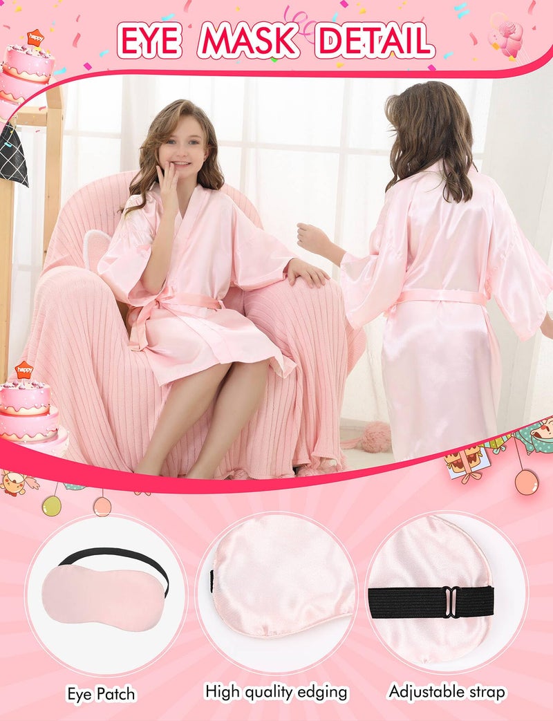 EPLAZA Kids Girls Satin Robe with Hair Band Eye Mask for Birthday Spa Bridal Party Flower Girls Wedding Robes Kimono (Pink, Tag 12) - Image 3